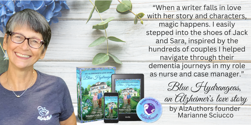 Cover image and quote for Marianne Sciucco's Blue Hydrangeas, an Alzheimer's love story